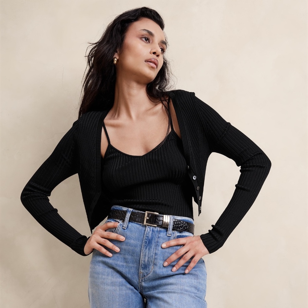 New! BANANA REPUBLIC Silky Cropped Cardigan, Black, Size XL